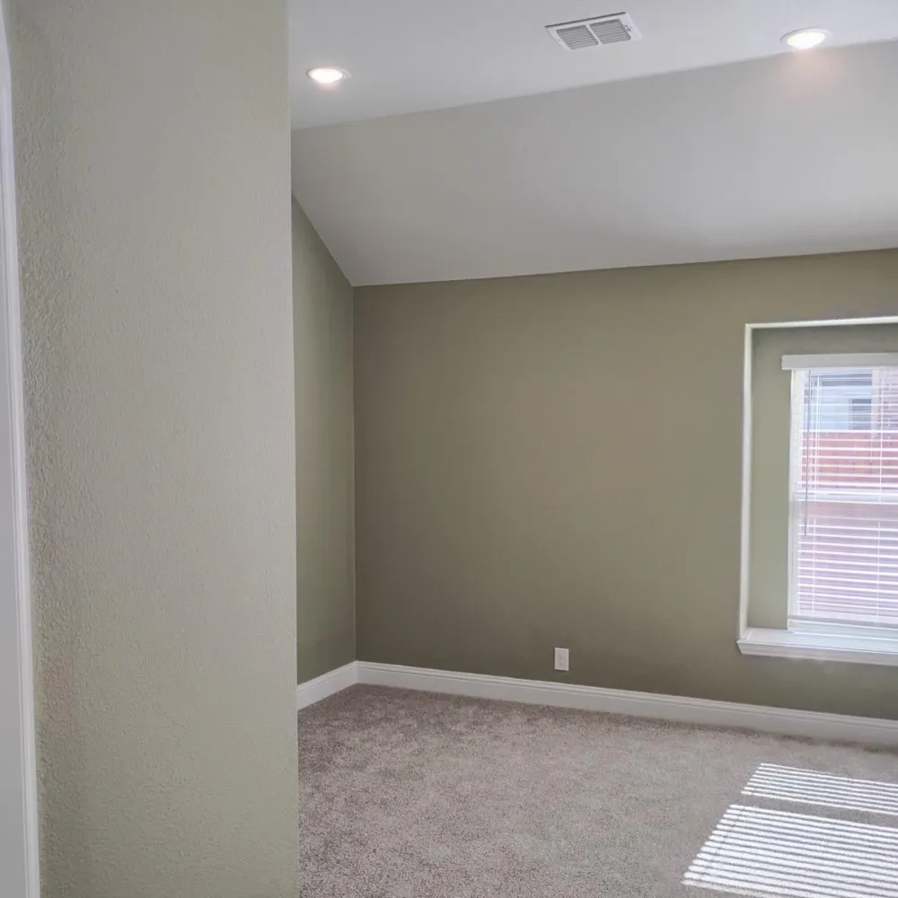 Finished interior room with painted walls, white trim and carpet
