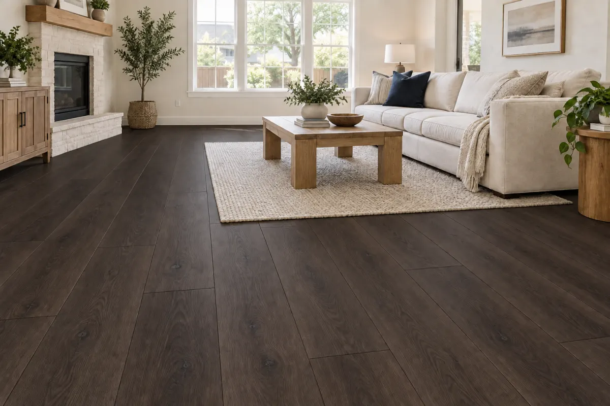 Living room visualization with dark espresso vinyl plank flooring