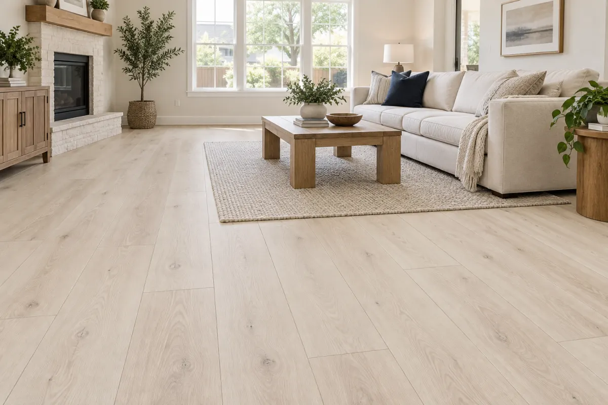 Living room visualization with light natural vinyl plank flooring