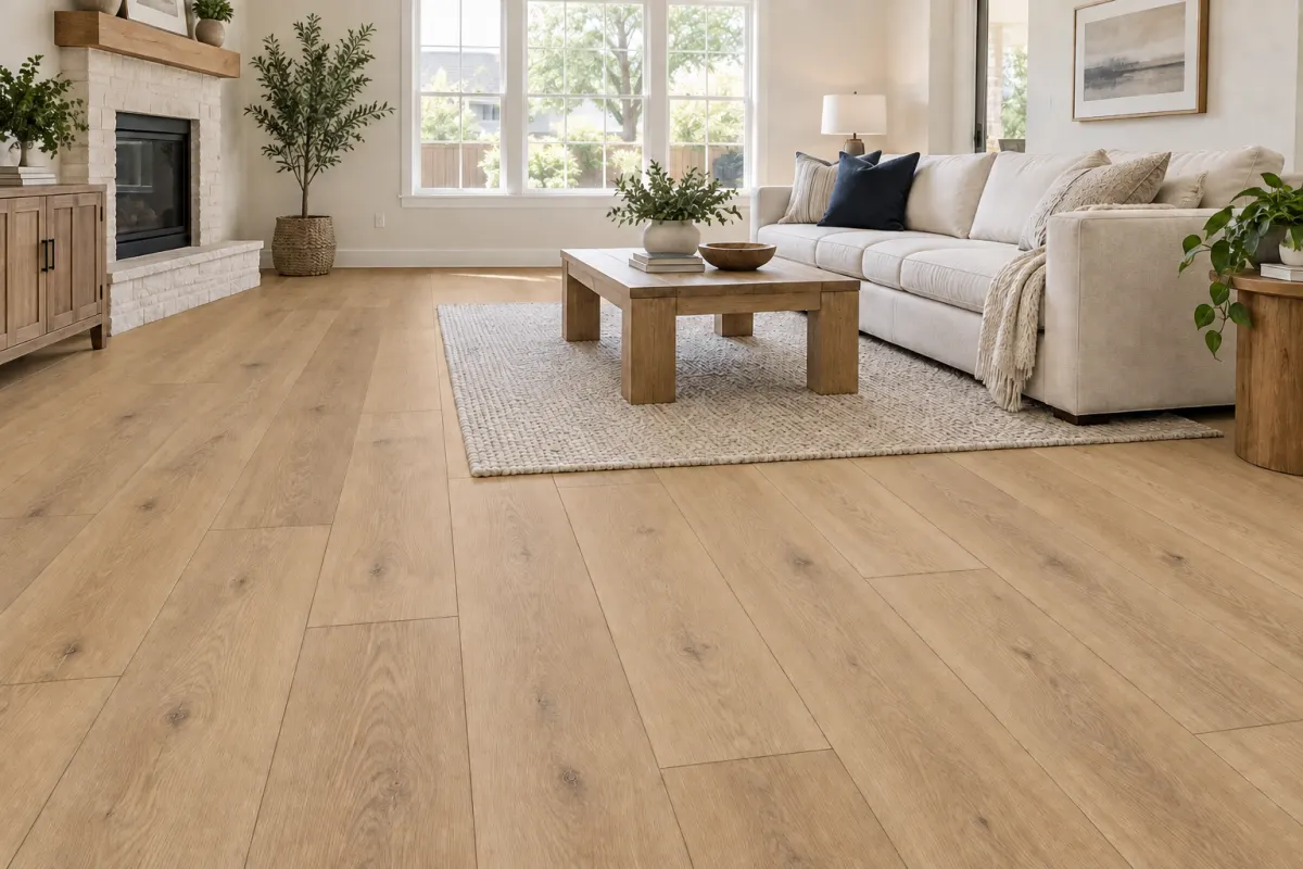 Living room visualization with warm oak vinyl plank flooring